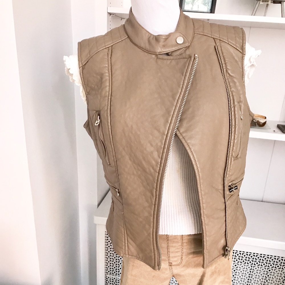 Taupe Pebbled Leather Moto Vest